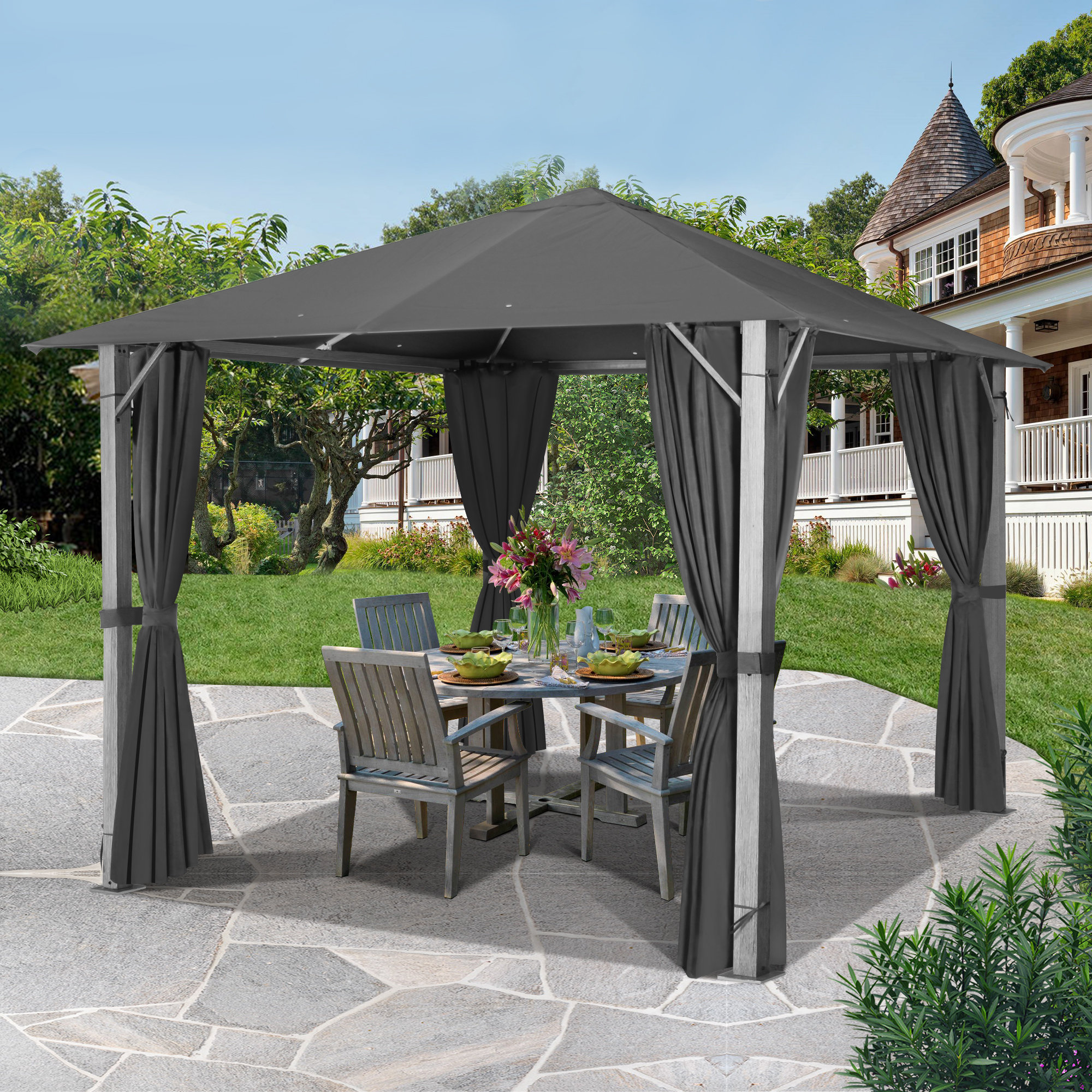 Gartoo 10 Ft W X 10 Ft D Steel Patio Gazebo With Privacy Curtains